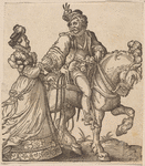 A Gentleman on Horseback, Riding to the Right and Looking Back to the Left at a Woman on Foot Next to Him