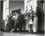 Robert E. Griffith, Hal Prince, Jerome Robbins, Stephen Sondheim, Leonard Bernstein, Arthur Laurents, Gerald Freedman, Sylvia Drulie, and Oliver Smith during rehearsals for the stage production West Side Story