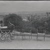 Mother with baby carriage at scenic overlook