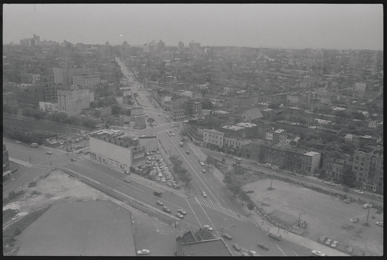 Aerial view of Prospect Heights and Park Slope, with Underberg Building on left. Brooklyn, NY