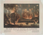 The grand display of fireworks and illuminations at the opening of the great suspension bridge between New York and Brooklyn on the evening of May 24th, 1883. View from New York, looking towards Brooklyn