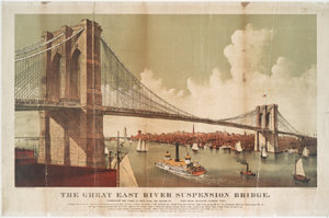 The great East River suspension bridge, connecting the cities of New York and Brooklyn. View from Brooklyn, looking west