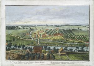 A view of Bethlehem, one of the Brethern's principal settlements, in Pensylvania, North America = Vue de Betlehem, l'un des principaux établissement des Frères Moraves en Pensilvanie, Amérique septentrionale.