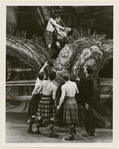 James Mitchell (as Harry Beaton) and unidentified others in fight scene from stage production Brigadoon (set design by Oliver Smith)