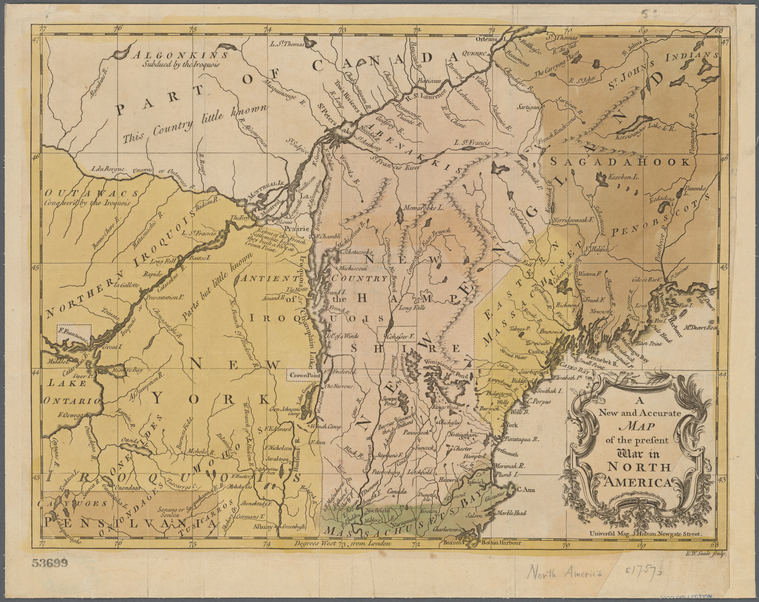 A new and accurate map of the present war in North America [1757] by John Hinton