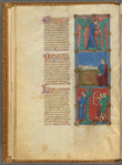 Three miniatures, with text, initials, linefillers