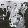 Alexander Cohen, unidentified woman, Angela Lansbury, Jerome Lawrence, Robert E. Lee, and Jerry Herman in rehearsal for the stage production Dear World