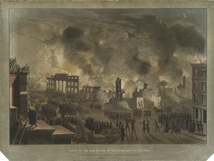 View of the great fire in New-York, Decr. 16th and 17th 1835 as seen from the top of the Bank of America, cor. of Wall and Wm. St.