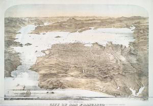 Birds eye view of the city of San Francisco and surrounding country.