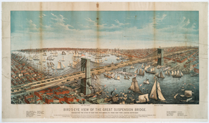 Bird's-eye view of the great suspension bridge, connecting the cities of New York and Brooklyn, from New York looking south-east