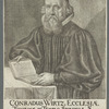 Conradus Wirtz, Ecclesiae Tigurnae in Templo Spiritus. S. Pastor. Collegl Carolini Canonicus et Bibliothecarius. Anno 1665. Aetatus 59. Os vultunqúe viri glyptes expressit in aere Candorem mentis nescÿt exprimere. 