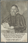 Conradus Wirtz, Ecclesiae Tigurnae in Templo Spiritus. S. Pastor. Collegl Carolini Canonicus et Bibliothecarius. Anno 1665. Aetatus 59. Os vultunqúe viri glyptes expressit in aere Candorem mentis nescÿt exprimere. 