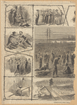 Andersonville prison scenes... Dogs tearing a prisoner. Chain gang and collars. Fighting for bones. Ball & chain. Shot on the dead line for a piece of mouldy cake. Camp Sumpter Andersonville. Sunset at Andersonville