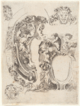 A gauche, un cartouche contenant des armes; dans le cadre on remarque un faune