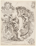A gauche, un cartouche contenant des armes; dans le cadre on remarque un faune