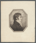 Young man with curly hair and sideburns, wearing scarf and jacket, facing right