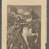 Knight in armor stabbing a white horse