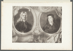 Older man with long white curly hair and older woman in headdress in separate portrait frames