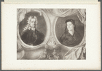 Older man with long white curly hair and older woman in headdress in separate portrait frames