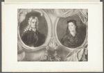 Older man with long white curly hair and older woman in headdress in separate portrait frames