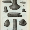 Tabula hæcrepræsentat Lapides Cetaunios, et Ceraunias Metallicas diversæ figuræ. A. Ceraunia Metallica, in terra producta, parte ab antica rotunda et acie acuta durissima, coloris subflavi diversis maculis et  fossulis, quæ se poliri negabant, ditata; B. Lapis Ceraunius, [...]; C. Lapis Ceraunius alius, [...]; D. Ceraunia Metallica altera, [...];  FIg. 1. Lapis Ceraunius, [...]; Fig. 2. Est Taleola Lapidis Ceraunii No. 2. in latitudinem discissi; Fig.3. Est Lapis Ceraunius priori minor, coloris fusci et transparentis; sed multo solidior et durior; Fig. 4. Est hujus Taleola in latitudinem dissecta; Fig. 5. Est  pars in longitudinem fissa; Fig. 6. Est Lapis Ceranius alius figuræ ab ima parte planus, [...]; Fig. 7. Ima planities prioris Lapidis Ceraunii; Fig. 8. Est alius priori similis, paulo planior et inter costas retis adinstar incinctus;  Fig. 9. Est