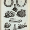 Argyrodamas, Talcum: Fig. 1 Frustum Argyrodamantis; Fig. 2. Frustum Argyrodamantis, ex quo adhue dimidia pars excrevit; Fig. 3. Crystallus figuræ hexagonæ; Fig. 4. Est Monticulus Crystalli, ubi diversæ pyramides inordinatè conspiciuntur; Fig. 5. Est Rupecula Crystalli, ex qua frustum hexagonum se extollit; Figl 6. Est Pyramis hexagonæ figuræ ubique circumcincta punctis hexagonis; Fig. 7. Est frustum Crystalli pellucidæ, ubi intrinsecè conspicitur integra Regio montibus et vallibus, musco viridi concretis  æmula. Fig. 8.