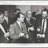 George Avakian and Benny Goodman meet with the Composers Union of the USSR (From left, composer Aram Khatchaturian, writer Leonid Pereverzev, Tikhon Khrennikov, Avakian, USIS officer Terence Catherman, and Goodman)