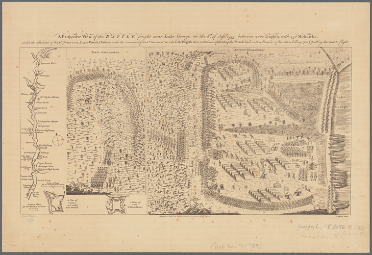 A prospective view of the battle fought near Lake George, on the 8th of Sepr. 1755, between 2000 English, with 250 Mohawks 1800