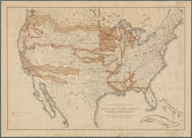 Map of the United States exhibiting the grants of lands made by the general government to aid in the construction of railroads and wagon roads (1878) by John Wesley Powell