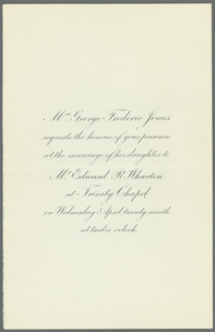 Invitation to the wedding ceremony of Edith Jones and Edward R. Wharton