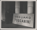 Ruined facade of Teatro alla Scala with Toscanini poster