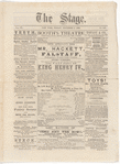 Issue of The Stage featuring front page advertisement for Henry IV at Booth's Theatre, featuring James Hackett as Falstaff