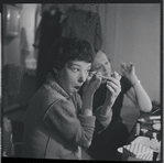 Lee Theodore (a.k.a. Lee Becker) and Irene Sharaff during make-up session in dressing room during rehearsals for the stage production West Side Story