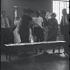 Stephen Sondheim, Irene Sharaff, Jerome Robbins, Leonard Bernstein, Sylvia Drulie, and Robert E. Griffith in rehearsal for the stage production West Side Story