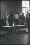Stephen Sondheim, Irene Sharaff, Jerome Robbins, Leonard Bernstein, Sylvia Drulie, and Robert E. Griffith in rehearsal for the stage production West Side Story