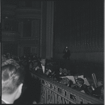Leonard Bernstein conducting orchestra during opening night party at Roseland for the stage production West Side Story