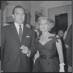 Unidentified man and Eva Gabor during opening night party at Roseland for the stage production West Side Story
