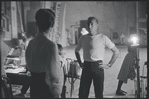 Carol Lawrence (back to camera) and Jerome Robbins in rehearsal for the stage production West Side Story