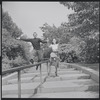 Larry Kert and Carol Lawrence on location in Central Park for publicity for the stage production West Side Story