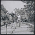 Larry Kert and Carol Lawrence on location in Central Park for publicity for the stage production West Side Story
