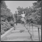 Larry Kert and Carol Lawrence on location in Central Park for publicity for the stage production West Side Story