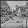 Larry Kert and Carol Lawrence on location in Central Park for publicity for the stage production West Side Story