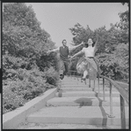 Larry Kert and Carol Lawrence on location in Central Park for publicity for the stage production West Side Story