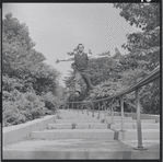 Larry Kert and Carol Lawrence on location in Central Park for publicity for the stage production West Side Story