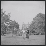 Larry Kert and Carol Lawrence on location in Central Park for publicity for the stage production West Side Story