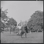 Larry Kert and Carol Lawrence on location in Central Park for publicity for the stage production West Side Story