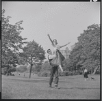 Larry Kert and Carol Lawrence on location in Central Park for publicity for the stage production West Side Story