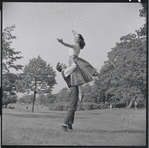Larry Kert and Carol Lawrence on location in Central Park for publicity for the stage production West Side Story