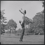 Larry Kert and Carol Lawrence on location in Central Park for publicity for the stage production West Side Story