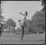 Larry Kert and Carol Lawrence on location in Central Park for publicity for the stage production West Side Story